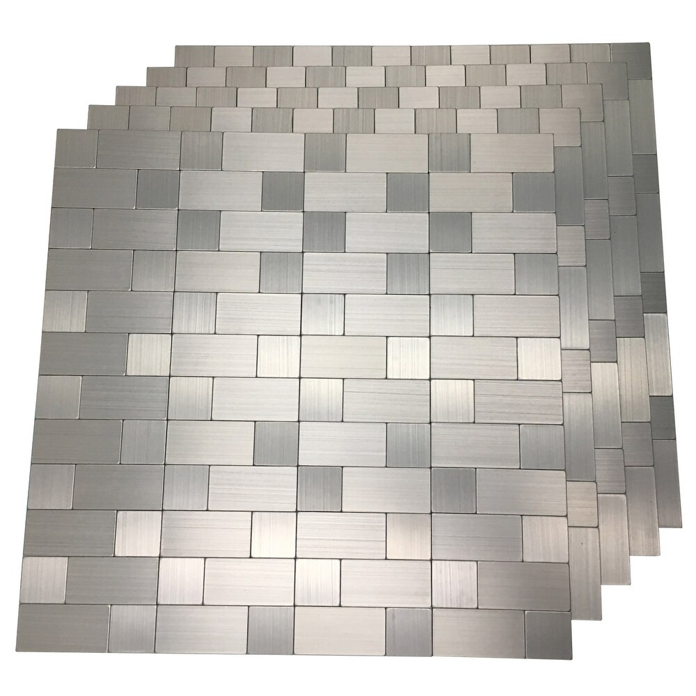 Stainless Steel Metal Backsplash Tiles in Brushed Black Silver Backsplash Tile for Kitchen Peel and Stick 11.85''x11.85'', 5 Pieces 
